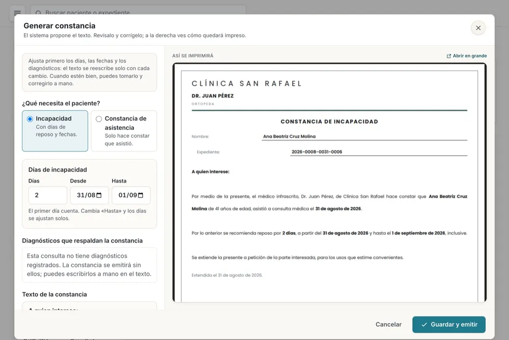 Emisión de una constancia de incapacidad desde la consulta en Clinea